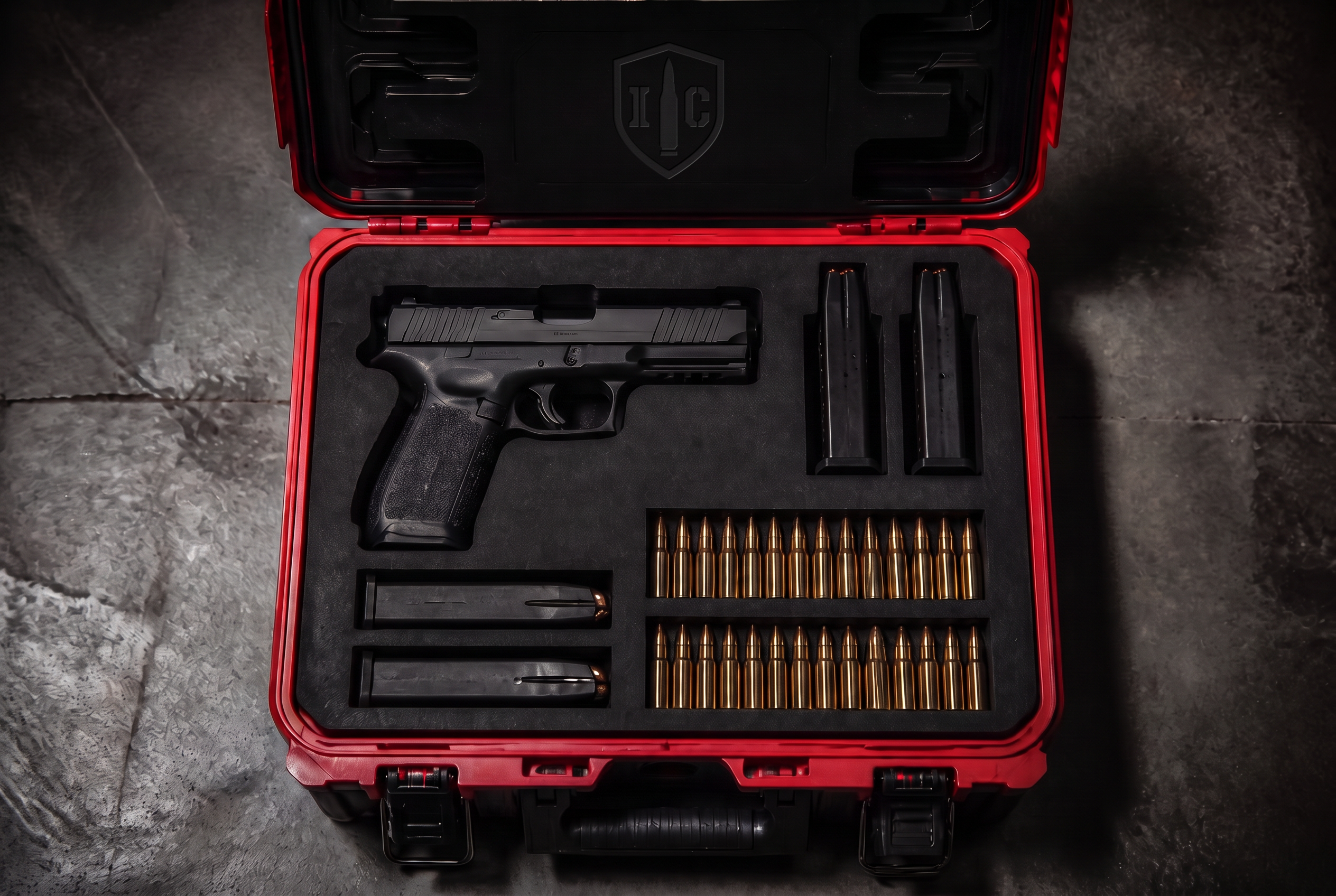 Modular tool box with custom foam insert holding pistol and ammo